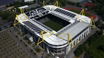 This aerial view shows the Signal Iduna Park of the Bundesliga club Borussia Dortmund in Dortmund, western Germany, on May 8, 2020. (Photo by Ina FASSBENDER / AFP) (Photo by INA FASSBENDER/AFP via Getty Images)