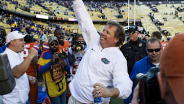 Nov 19, 2016; Baton Rouge, LA, USA; Florida Gators head coach Jim McElwain celebrates the win over the LSU Tigers at Tiger Stadium. The Gators defeat the Tigers 16-10. Mandatory Credit: Jerome Miron-USA TODAY Sports