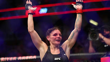 Jun 12, 2021; Glendale, Arizona, USA; Lauren Murphy reacts following her fight against Joanne Calderwood during UFC 263 at Gila River Arena. Mandatory Credit: Mark J. Rebilas-USA TODAY Sports