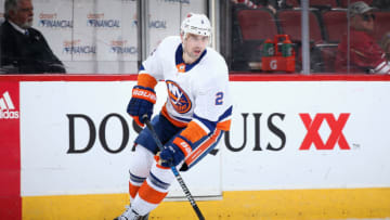 GLENDALE, ARIZONA - FEBRUARY 17: Nick Leddy #2 of the New York Islanders skates with the puck during the NHL game against the Arizona Coyotes at Gila River Arena on February 17, 2020 in Glendale, Arizona. The Coyotes defeated the Islanders 2-1. (Photo by Christian Petersen/Getty Images)