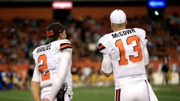 Aug 13, 2015; Cleveland, OH, USA; Cleveland Browns quarterback Johnny Manziel (2) and quarterback Josh McCown (13) on the sidelines during the fourth quarter of preseason NFL football game against the Washington Redskins at FirstEnergy Stadium. Mandatory Credit: Andrew Weber-USA TODAY Sports