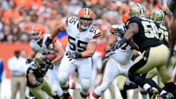 Sep 14, 2014; Cleveland, OH, USA; Cleveland Browns center Alex Mack (55) against the New Orleans Saints at FirstEnergy Stadium. The Browns defeated the Saints 26-24. Mandatory Credit: Andrew Weber-USA TODAY Sports