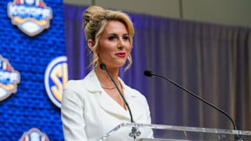 Jul 20, 2022; Atlanta, GA, USA; ESPN/SEC Network host Laura Rutledge speaks to the media during SEC Media Days at the College Football Hall of Fame. Mandatory Credit: Dale Zanine-USA TODAY Sports