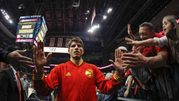 Apr 26, 2016; Atlanta, GA, USA; Atlanta Hawks guard Kyle Korver (26) celebrates a victory against the Boston Celtics after game five of the first round of the NBA Playoffs at Philips Arena. The Hawks defeated the Celtics 110-83. Mandatory Credit: Brett Davis-USA TODAY Sports