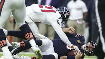 Sep 11, 2016; Houston, TX, USA; Chicago Bears quarterback Jay Cutler (6) is sacked by Houston Texans cornerback A.J. Bouye (21) during the fourth quarter at NRG Stadium. The Texans won 23-14. Mandatory Credit: Troy Taormina-USA TODAY Sports
