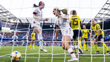 LE HAVRE, FRANCE - JUNE 20: Lindsey Horan of United States (R) celebrating the opening goal of USA during the 2019 FIFA Women's World Cup France group F match between Sweden and USA at on June 20, 2019 in Le Havre, France. (Photo by Marcio Machado/Getty Images)