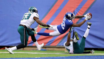 EAST RUTHERFORD, NJ - DECEMBER 17: Tavarres King #12 of the New York Giants socres a 57 yard touchdown against the Philadelphia Eagles during the third quarter in the game at MetLife Stadium on December 17, 2017 in East Rutherford, New Jersey. (Photo by Abbie Parr/Getty Images)