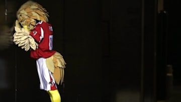 Dec 4, 2016; Atlanta, GA, USA; Atlanta Falcons mascot Freddie Falcon reacts in the tunnel after the Falcons loss to the Kansas City Chiefs at the Georgia Dome. The Chiefs won 29-28. Mandatory Credit: Jason Getz-USA TODAY Sports