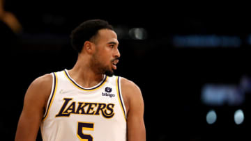 LOS ANGELES, CALIFORNIA - JANUARY 02: Talen Horton-Tucker #5 of the Los Angeles Lakers looks on during the fourth quarter against the Minnesota Timberwolves at Crypto.com Arena on January 02, 2022 in Los Angeles, California. NOTE TO USER: User expressly acknowledges and agrees that, by downloading and or using this photograph, User is consenting to the terms and conditions of the Getty Images License Agreement. (Photo by Katelyn Mulcahy/Getty Images)
