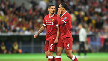 KIEV, UKRAINE - MAY 26: Dejan Lovren and Virgil van Dijk of Liverpool speak during the UEFA Champions League Final between Real Madrid and Liverpool at NSC Olimpiyskiy Stadium on May 26, 2018 in Kiev, Ukraine. (Photo by Michael Regan/Getty Images)