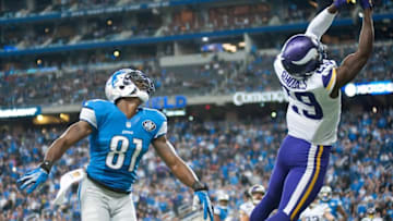 Oct 25, 2015; Detroit, MI, USA; Minnesota Vikings cornerback Xavier Rhodes (29) is unable to catch a pass intended for Detroit Lions wide receiver Calvin Johnson (81) during the fourth quarter at Ford Field. The Vikings won 28-19. Mandatory Credit: Tim Fuller-USA TODAY Sports