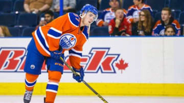 Oct 31, 2015; Edmonton, Alberta, CAN; Edmonton Oilers center Connor McDavid (97) skates during the warmup period against the Calgary Flames at Rexall Place. Mandatory Credit: Sergei Belski-USA TODAY Sports