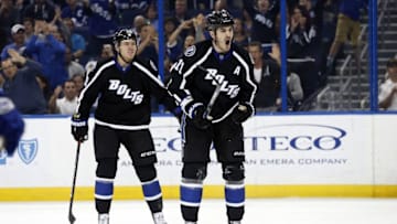 Dec 29, 2016; Tampa, FL, USA; Tampa Bay Lightning defenseman Victor Hedman (77) celebrates with defenseman Slater Koekkoek (29) after he scored a goal against the Toronto Maple Leafs during the second period at Amalie Arena. Mandatory Credit: Kim Klement-USA TODAY Sports