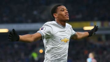 BURNLEY, ENGLAND - JANUARY 20: Anthony Martial of Manchester United celebrates after scoring his sides first goal during the Premier League match between Burnley and Manchester United at Turf Moor on January 20, 2018 in Burnley, England. (Photo by Alex Livesey/Getty Images)
