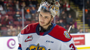 KELOWNA, BC - NOVEMBER 26: Sebastian Cossa #33 of the Edmonton Oil Kings skates to the bench at the end of third period against the Kelowna Rockets at Prospera Place on November 26, 2019 in Kelowna, Canada. (Photo by Marissa Baecker/Getty Images)