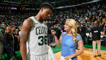 BOSTON, MA - MAY 13: Marcus Smart #36 of the Boston Celtics talks with the media after Game One of the Eastern Conference Finals of the 2018 NBA Playoffs against the Cleveland Cavaliers on May 13, 2018 at the TD Garden in Boston, Massachusetts. NOTE TO USER: User expressly acknowledges and agrees that, by downloading and or using this photograph, User is consenting to the terms and conditions of the Getty Images License Agreement. Mandatory Copyright Notice: Copyright 2018 NBAE (Photo by Brian Babineau/NBAE via Getty Images)