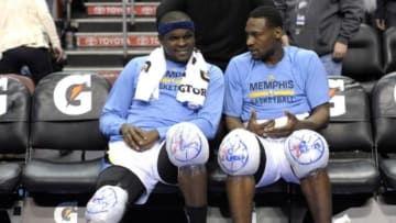 Mar 15, 2014; Philadelphia, PA, USA; Memphis Grizzlies forward Zach Randolph (50) and guard Tony Allen (9) on the bench late in the fourth quarter against the Philadelphia 76ers at Wells Fargo Center. The Grizzlies defeated the 76ers, 103-77. Mandatory Credit: Eric Hartline-USA TODAY Sports