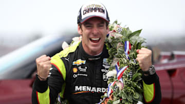 INDIANAPOLIS, INDIANA - MAY 26: Simon Pagenaud of France, driver of the #22 Menards Team Penske Chevrolet celebrates after winning the 103rd running of the Indianapolis 500 at Indianapolis Motor Speedway on May 26, 2019 in Indianapolis, Indiana. (Photo by Chris Graythen/Getty Images)