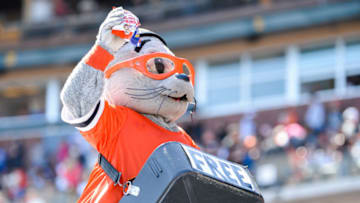 SAN FRANCISCO, CA - APRIL 08: San Francisco Giants mascot Lou Seal tosses Cracker Jacks to fans during a regular season game between the Los Angeles Dodgers and San Francisco Giants on April 8, 2018, at AT&T Park in San Francisco, CA. (Photo by Stephen Hopson/Icon Sportswire via Getty Images)