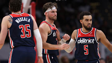 WASHINGTON, DC - OCTOBER 28: Corey Kispert #24 of the Washington Wizards celebrates against the Memphis Grizzlies during the first half at Capital One Arena on October 28, 2023 in Washington, DC. NOTE TO USER: User expressly acknowledges and agrees that, by downloading and or using this photograph, User is consenting to the terms and conditions of the Getty Images License Agreement. (Photo by Patrick Smith/Getty Images)