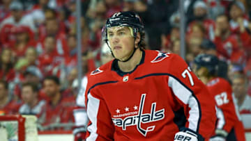 WASHINGTON, DC - APRIL 13: Washington Capitals right wing T.J. Oshie (77) prepares for a face off against the Carolina Hurricanes in the second period on April 13, 2019, at the Capital One Arena in Washington, D.C. in the first round of the Stanley Cup Playoffs. (Photo by Mark Goldman/Icon Sportswire via Getty Images)