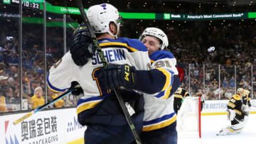 BOSTON, MASSACHUSETTS - JUNE 12: Brayden Schenn #10 of the St. Louis Blues is congratulated by his teammate Vladimir Tarasenko #91 after scoring a third period goal against the Boston Bruins in Game Seven of the 2019 NHL Stanley Cup Final at TD Garden on June 12, 2019 in Boston, Massachusetts. (Photo by Bruce Bennett/Getty Images)