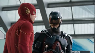 The Flash -- "Armageddon, Part 1"" -- Image Number: FLA801a_0308r.jpg -- Pictured (L-R): Grant Gustin as The Flash and Brandon Routh as Ray Palmer/Atom -- Photo: Katie Yu/The CW -- © 2021 The CW Network, LLC. All Rights Reserved
