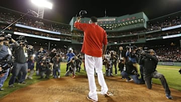 Oct 10, 2016; Boston, MA, USA; Boston Red Sox designated hitter David Ortiz (34) salutes the fans after loosing to the Cleveland Indians 3-4 in game three of the 2016 ALDS playoff baseball series at Fenway Park. Mandatory Credit: Greg M. Cooper-USA TODAY Sports