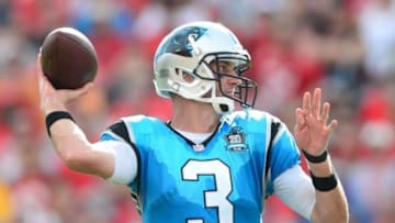 Sep 7, 2014; Tampa, FL, USA; Carolina Panthers quarterback Derek Anderson (3) throws a pass during the second quarter against the Tampa Bay Buccaneers at Raymond James Stadium. Mandatory Credit: Andrew Weber-USA TODAY Sports