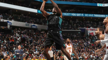 CHARLOTTE, NC - MARCH 28: Treveon Graham #21 of the Charlotte Hornets handles the ball against the Cleveland Cavaliers on March 28, 2018 at Spectrum Center in Charlotte, North Carolina. NOTE TO USER: User expressly acknowledges and agrees that, by downloading and or using this photograph, User is consenting to the terms and conditions of the Getty Images License Agreement. Mandatory Copyright Notice: Copyright 2018 NBAE (Photo by Kent Smith/NBAE via Getty Images)