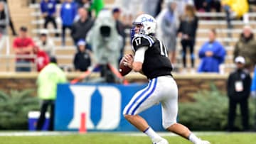 DURHAM, NC - OCTOBER 20: Daniel Jones #17 of the Duke Blue Devils drops back to pass against the Virginia Cavaliers during their game at Wallace Wade Stadium on October 20, 2018 in Durham, North Carolina. Virginia won 28-14. (Photo by Grant Halverson/Getty Images)