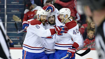 WASHINGTON, DC - APRIL 04: Montreal Canadiens defenseman Shea Weber (6), center Phillip Danault (24), and right wing Joel Armia (40) celebrate after a goal at the end of the first period during the Montreal Canadiens vs. Washington Capitals NHL hockey game April 4, 2019 at Capital One Arena in Washington, D.C.. (Photo by Randy Litzinger/Icon Sportswire via Getty Images)