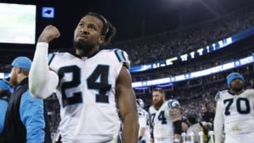 Jan 24, 2016; Charlotte, NC, USA; Carolina Panthers cornerback Josh Norman (24) reacts during the fourth quarter against the Arizona Cardinals in the NFC Championship football game at Bank of America Stadium. Mandatory Credit: Jason Getz-USA TODAY Sports