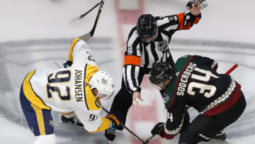 Nashville Predators forward Ryan Johansen (92) and Arizona Coyotes forward Carl Soderberg (34) Mandatory Credit: Perry Nelson-USA TODAY Sports