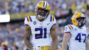 BATON ROUGE, LA - OCTOBER 13: Ed Paris #21 of the LSU Tigers celebrates after focing a fumble during the second half against the Georgia Bulldogs at Tiger Stadium on October 13, 2018 in Baton Rouge, Louisiana. (Photo by Jonathan Bachman/Getty Images)