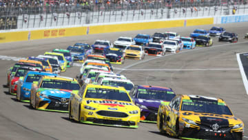 LAS VEGAS, NV - SEPTEMBER 16: Erik Jones, driver of the #20 DeWalt Toyota, leads the field during the Monster Energy NASCAR Cup Series SouthPoint 400 at Las Vegas Motor Speedway on September 16, 2018 in Las Vegas, Nevada. (Photo by Chris Graythen/Getty Images)