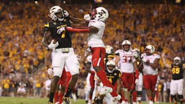 TEMPE, AZ - SEPTEMBER 10: Running back Kalen Ballage #7 of the Arizona State Sun Devils scores a one yard touchdown rush against defensive back Jah'Shawn Johnson #7 of the Texas Tech Red Raiders during the first half of the college football game at Sun Devil Stadium on September 10, 2015 in Tempe, Arizona. (Photo by Christian Petersen/Getty Images)