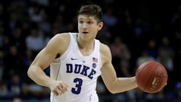 NEW YORK, NY - MARCH 08: Grayson Allen #3 of the Duke Blue Devils dribbles to the bakset in the second half against the Notre Dame Fighting Irish during the quarterfinals of the ACC Men's Basketball Tournament at Barclays Center on March 8, 2018 in the Brooklyn borough of New York City. (Photo by Abbie Parr/Getty Images)