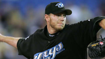 JAYS---05/29/05---After having his start pushed back a few days because of a strained left side muscle, Roy Halladay did not show any ill effects as he pitched a complete game two-hit, 10 stikeout, shutout as the Toronto Blue Jays beat the Minnesota Twins 4-0 to avoid the sweep at the Roger's Centre in Toronto, May 29, 2005. (Photo by Steve Russell/Toronto Star via Getty Images)