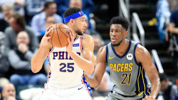INDIANAPOLIS, IN - JANUARY 17: Ben Simmons #25 of the Philadelphia 76ers looks to pass the ball against the Indiana Pacers at Bankers Life Fieldhouse on January 17, 2019 in Indianapolis, Indiana. NOTE TO USER: User expressly acknowledges and agrees that, by downloading and or using this photograph, User is consenting to the terms and conditions of the Getty Images License Agreement. (Photo by Andy Lyons/Getty Images)