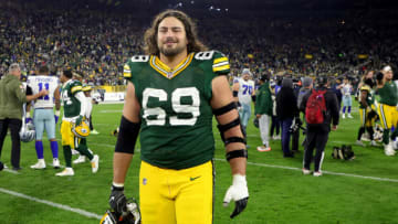David Bakhtiari #69 of the Green Bay Packers on the field after a win over the Dallas Cowboys at Lambeau Field on November 13, 2022 in Green Bay, Wisconsin. (Photo by Stacy Revere/Getty Images)