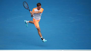 MELBOURNE, AUSTRALIA - JANUARY 17: Florian Mayer of Germany plays a backhand in his first round match against Rafael Nadal of Spain on day two of the 2017 Australian Open at Melbourne Park on January 17, 2017 in Melbourne, Australia. (Photo by Mark Kolbe/Getty Images)