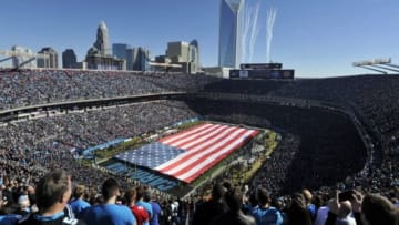 Jan 12, 2014; Charlotte, NC, USA; General view of the National Anthem prior to the 2013 NFC divisional playoff football game between the Carolina Panthers and the San Francisco 49ers at Bank of America Stadium. Mandatory Credit: Angie Walton-USA TODAY Sports