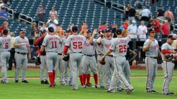 Sep 12, 2013; New York, NY, USA; Washington Nationals players celebrate after defeating the New York Mets at Citi Field. The Nationals won the game 7-2. Mandatory Credit: Joe Camporeale-USA TODAY Sports