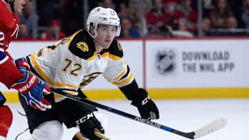 Nov 7, 2015; Montreal, Quebec, CAN; Boston Bruins forward Frank Vatrano (72) during the second period against the Montreal Canadiens at the Bell Centre. The Montreal Canadiens won 4-2. Mandatory Credit: Eric Bolte-USA TODAY Sports