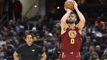 Miami Heat head coach Erik Spoelstra watches Cleveland Cavaliers forward Kevin Love (0) shoot a three-point basket(David Richard-USA TODAY Sports)