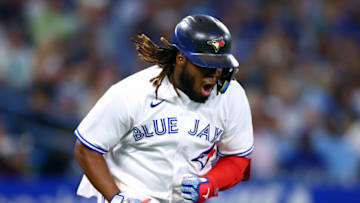 TORONTO, ON - AUGUST 17: Vladimir Guerrero Jr. #27 of the Toronto Blue Jays reacts while batting against the Baltimore Orioles at Rogers Centre on August 17, 2022 in Toronto, Ontario, Canada. (Photo by Vaughn Ridley/Getty Images)