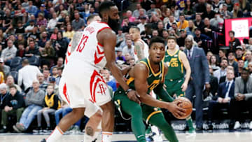 SALT LAKE CITY, UT - FEBRUARY 2: Donovan Mitchell #45 of the Utah Jazz handles the ball against the Houston Rockets on February 2, 2019 at Vivint Smart Home Arena in Salt Lake City, Utah. NOTE TO USER: User expressly acknowledges and agrees that, by downloading and/or using this Photograph, user is consenting to the terms and conditions of the Getty Images License Agreement. Mandatory Copyright Notice: Copyright 2019 NBAE (Photo by Chris Elise/NBAE via Getty Images)