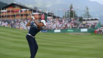 CRANS-MONTANA, SWITZERLAND - AUGUST 31: Andres Romero of Argentina plays a shot on the 18th hole during Day three of the Omega European Masters at Crans Montana Golf Club on August 31, 2019 in Crans-Montana, Switzerland. (Photo by Stuart Franklin/Getty Images)