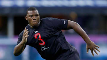 INDIANAPOLIS, IN - FEBRUARY 29: Defensive lineman Derrick Brown of Auburn runs a drill during the NFL Combine at Lucas Oil Stadium on February 29, 2020 in Indianapolis, Indiana. (Photo by Joe Robbins/Getty Images)